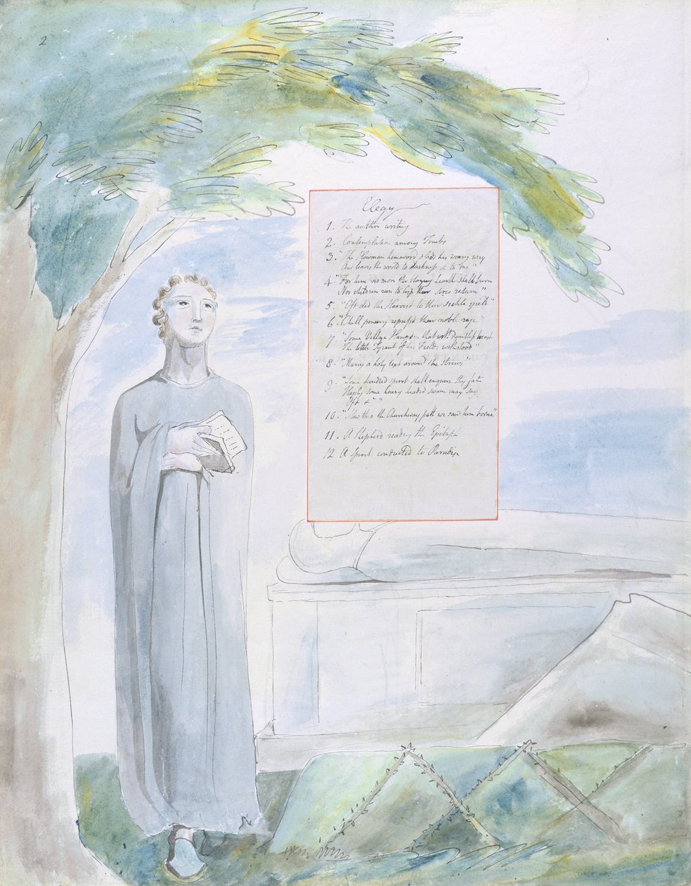 Elegie geschreven in een Landelijke Kerkhof, ontwerp 106 uit De Gedichten van Thomas Gray, 1797-98 door William Blake