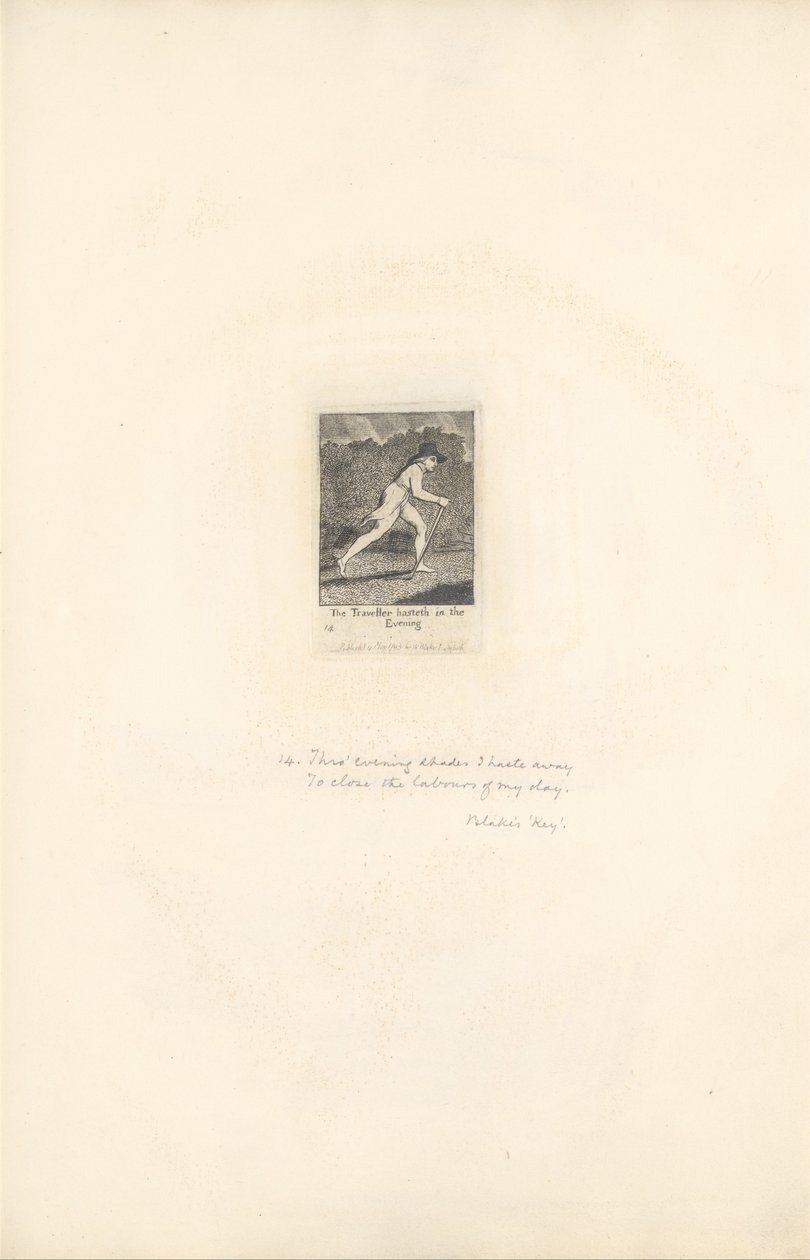 Voor de Geslachten- De Poorten van het Paradijs, Plaat 16, De Reiziger haast zich in de Avond door William Blake
