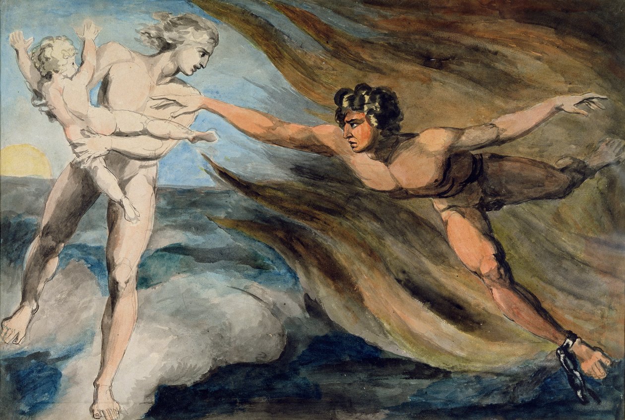 Goede en kwade engelen die vechten om het bezit van een kind, ca. 1793-94 door William Blake