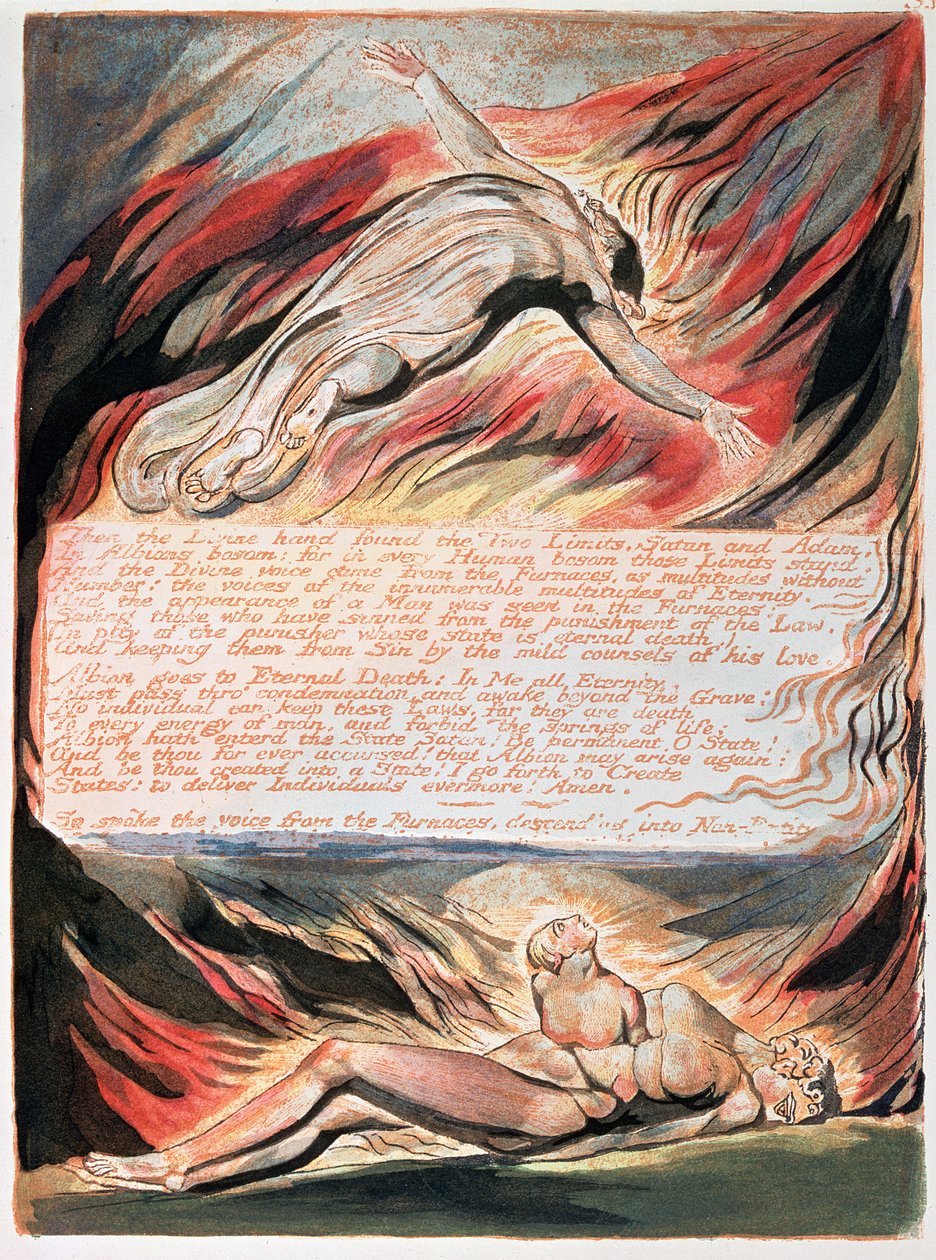Jeruzalem De Emmanatie van De Reus Albion; Toen de Goddelijke Hand Christus boven Albion liet zweven binnen wiens boezem de Goddelijke hand de Twee Grenzen vond, Satan en Adam, 1804 (reliëfets) door William Blake