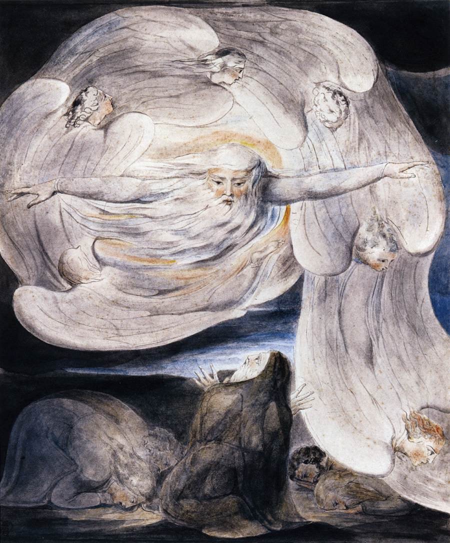 Job bekent zijn veronderstelling aan God die antwoordt uit de wervelwind door William Blake