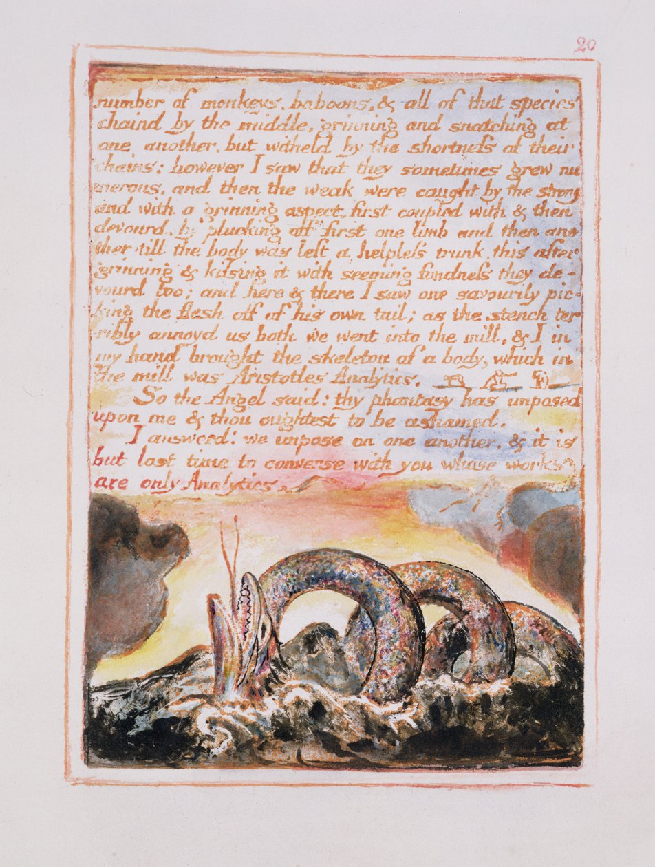 Aantal apen, bavianen.., illustratie en tekst uit The Marriage of Heaven and Hell, ca. 1790-3 door William Blake