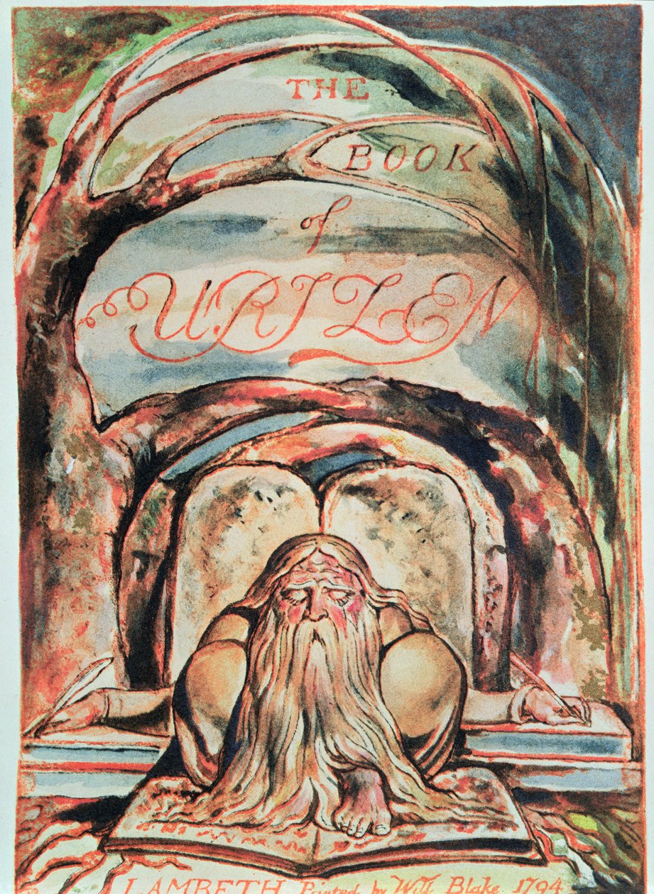 Het Eerste Boek van Urizen; titelpagina, met Urizen (de belichaming van onverlichte rede) zittend onder de Boom van Mysterie schrijvend in zijn 