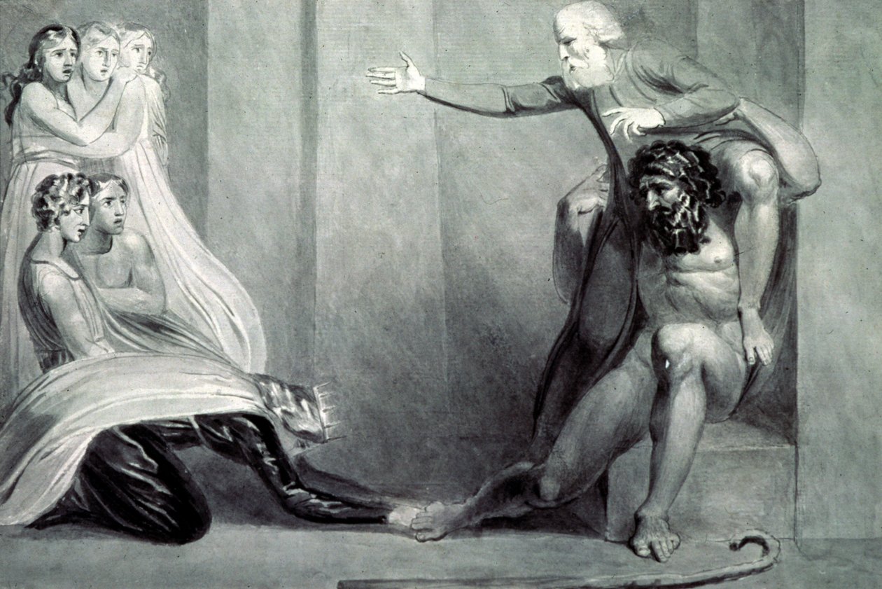 Tiriel, teruggedragen naar het paleis op de schouders van zijn broer Ijim, toesprekend zijn vijf dochters door William Blake