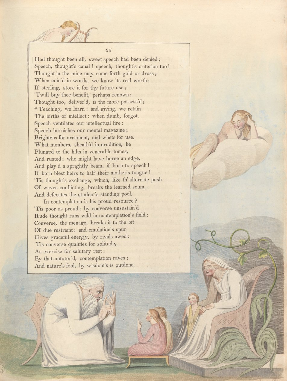 Youngs Night Thoughts, Pagina 35, Onderwijzend, leren we; en gevend, behouden we door William Blake