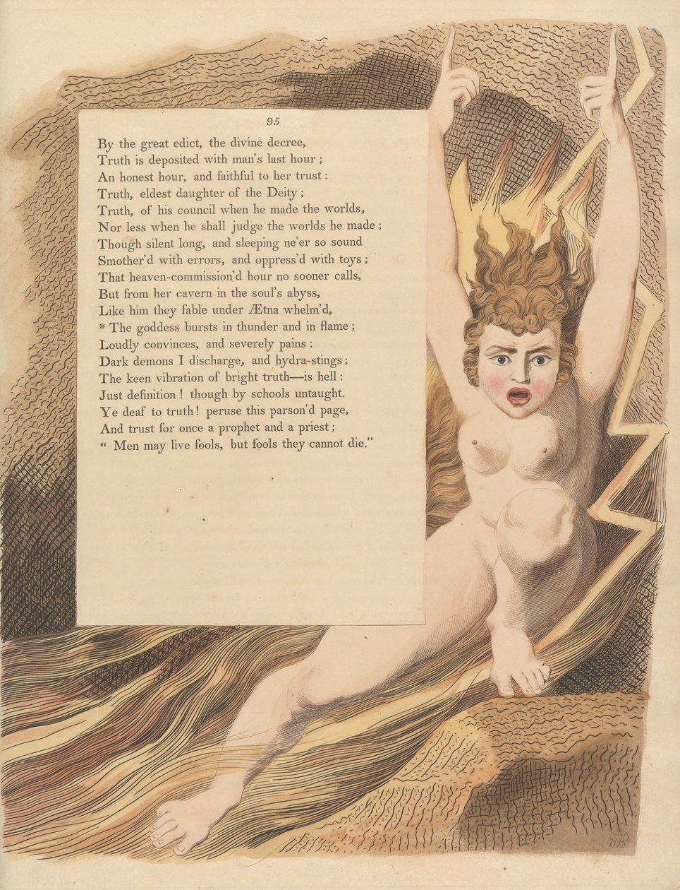 Youngs Night Thoughts, Pagina 95, De godin barst los in donder en vlammen door William Blake