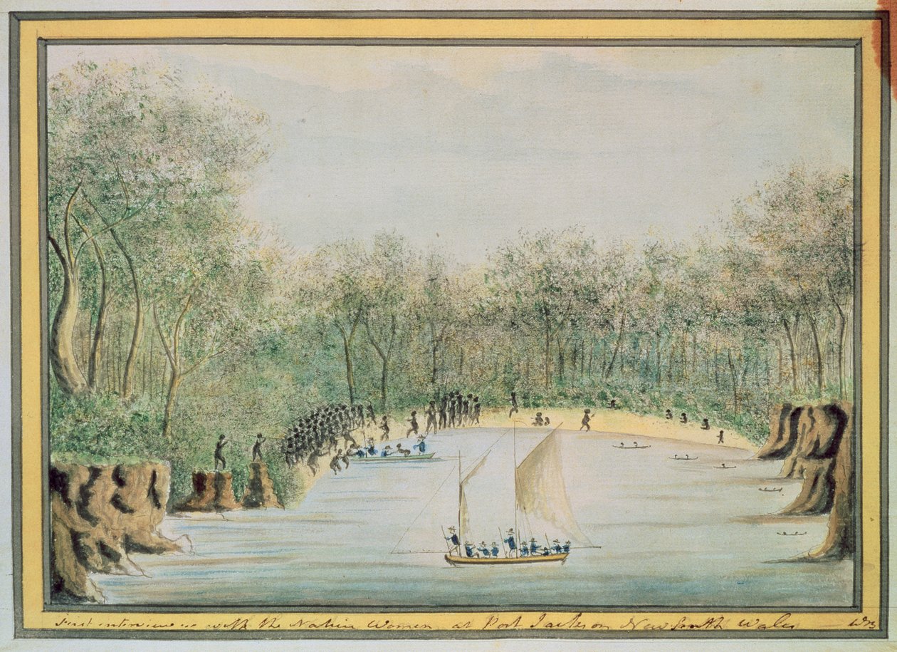 Eerste ontmoeting met de inheemse vrouwen in Port Jackson, Nieuw-Zuid-Wales, 1788 door William Bradley