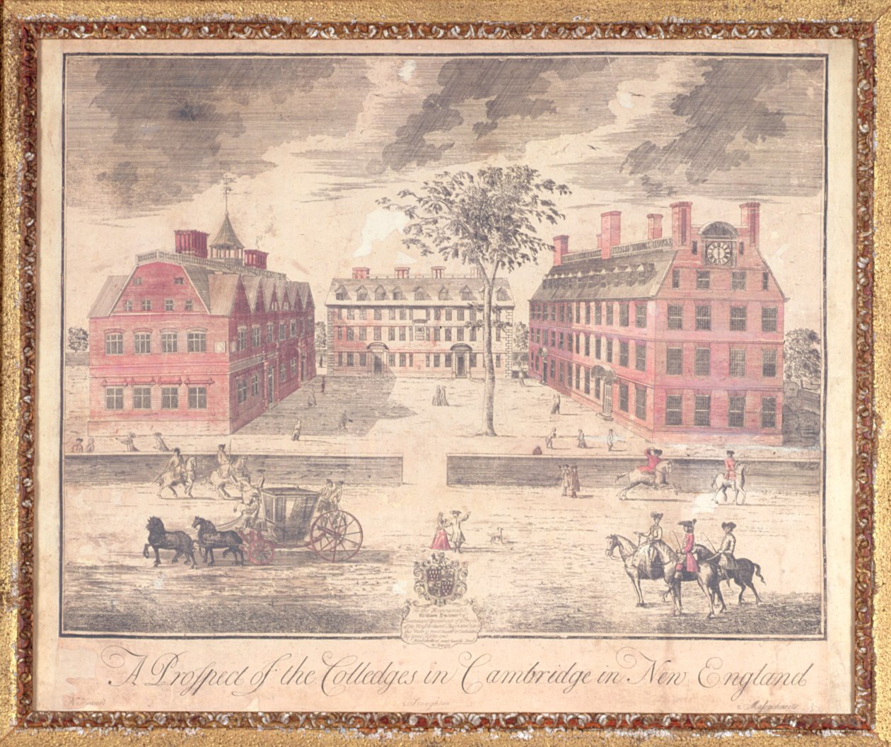 Een uitzicht op de colleges in Cambridge in New England, gravure toegeschreven aan John Harris, 1726 door William Burgis