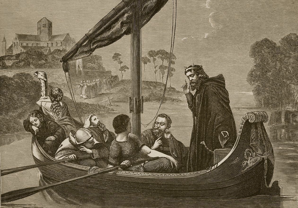 Canute aan de rivier de Nene luisterend naar het koor van Ely Minster, gegraveerd door F. Wentworth door William Cave Thomas