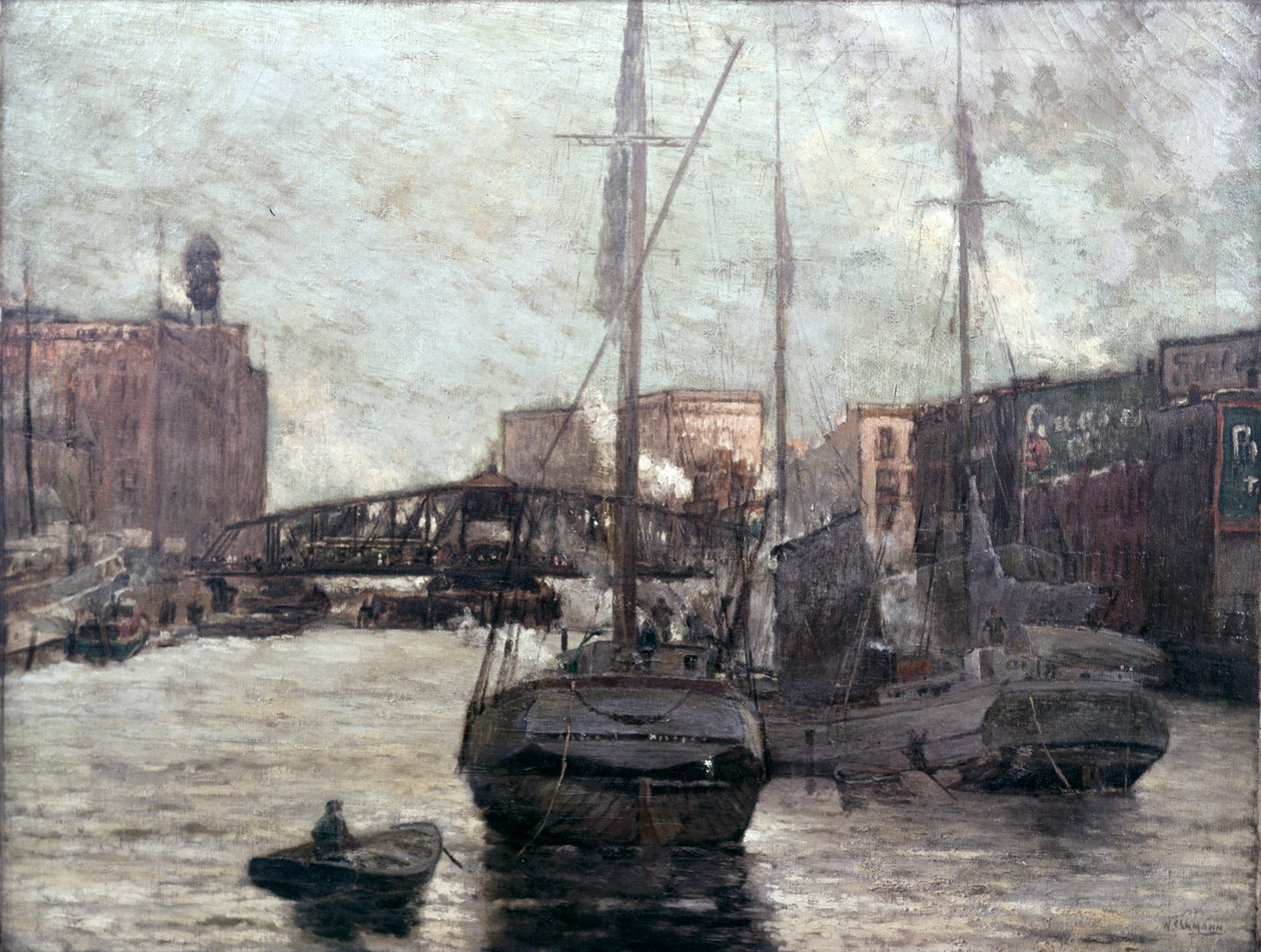 Uitzicht op de Chicago River met Clark Street Bridge, 1910-12 door William Clusmann