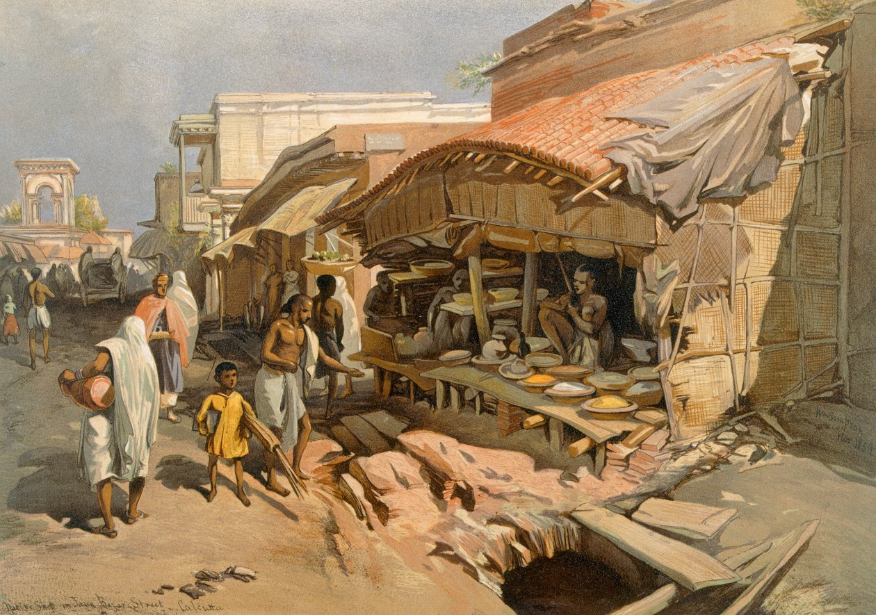 Inheemse winkel in een bazaar in Calcutta, uit 