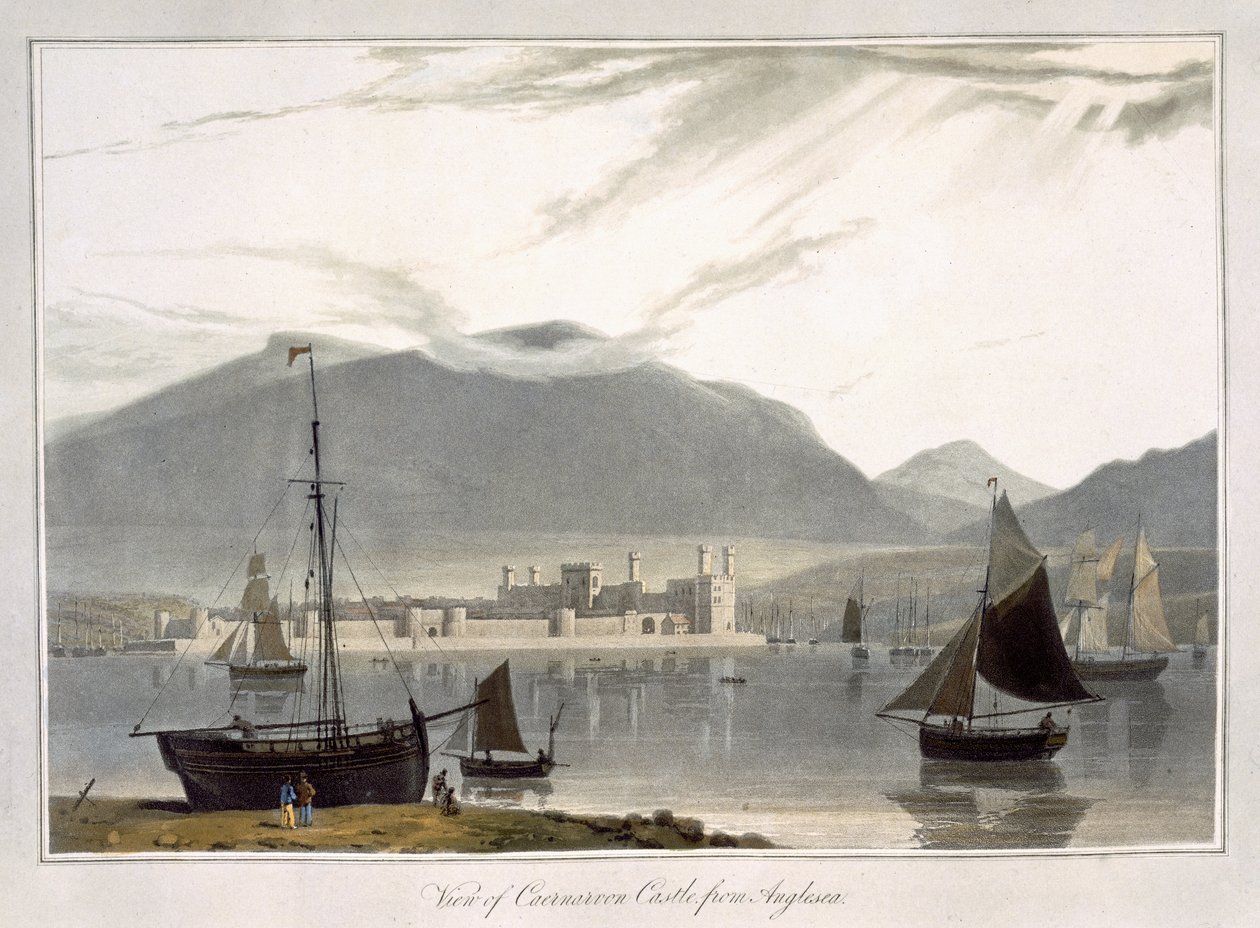 Uitzicht op Caenarvon Castle vanaf Anglesea, uit 