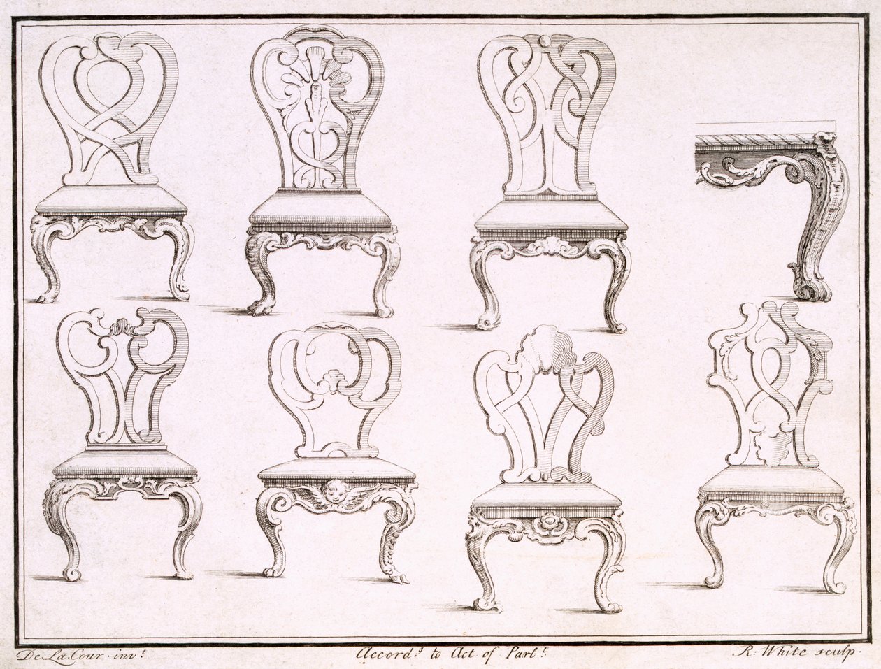 Ontwerpen voor stoelen door William De La Cour