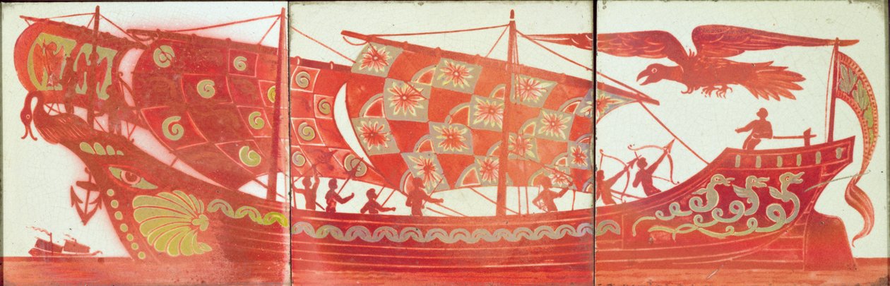Drie tegels met een schip door William de Morgan