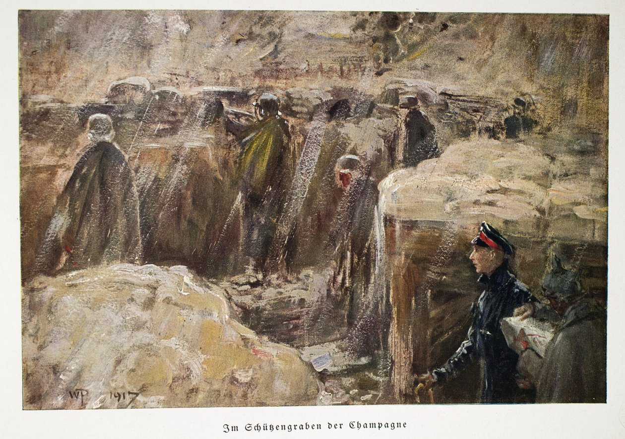 William, Kroonprins van Duitsland bezoekt de troepen achter de linies in hun loopgraven bij Champagne, gepubliceerd 1917 door William Friedrich Georg Pape