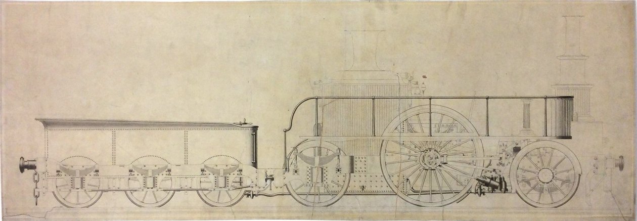 Constructietekening van experimentele condenseerlokomotief, voor 1848 door William George Armstrong