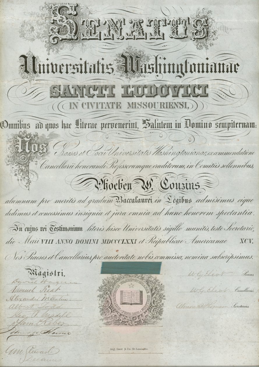 Diploma van Washington University van Phoebe Couzins, ondertekend door President W.G. Eliot et al., 8 mei 1871 door William Greenleaf Eliot