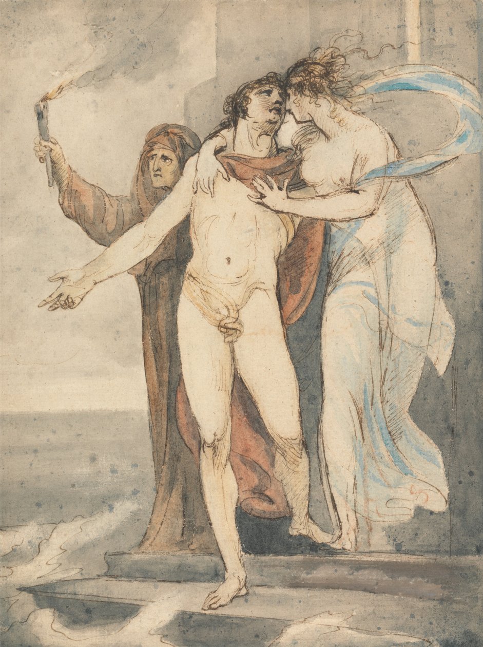Leander neemt afscheid van Hero voordat hij terugzwemt over de Hellespont door William Hamilton