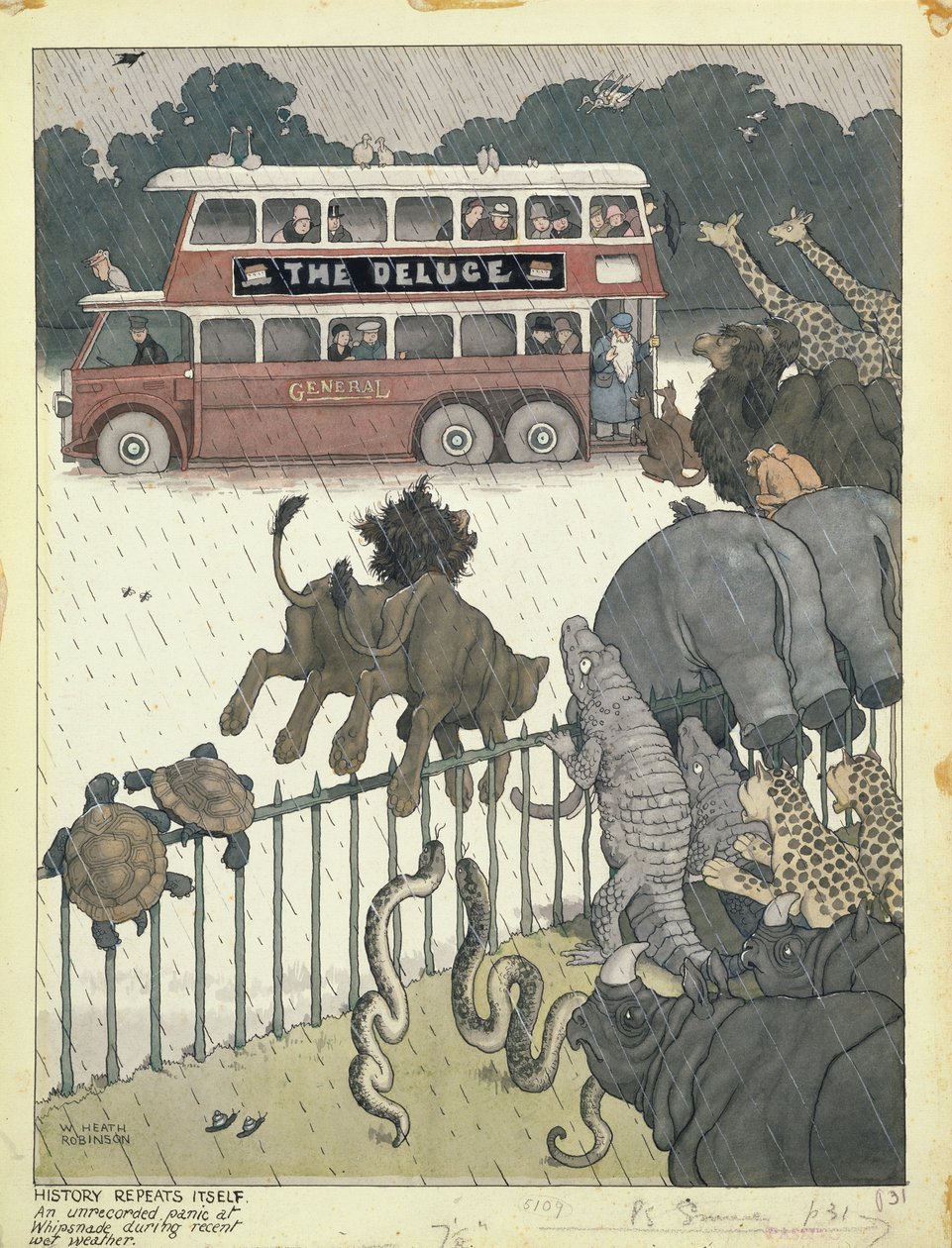 Geschiedenis herhaalt zich: Een onopgetekende paniek in Whipsnade tijdens recent nat weer door William Heath Robinson