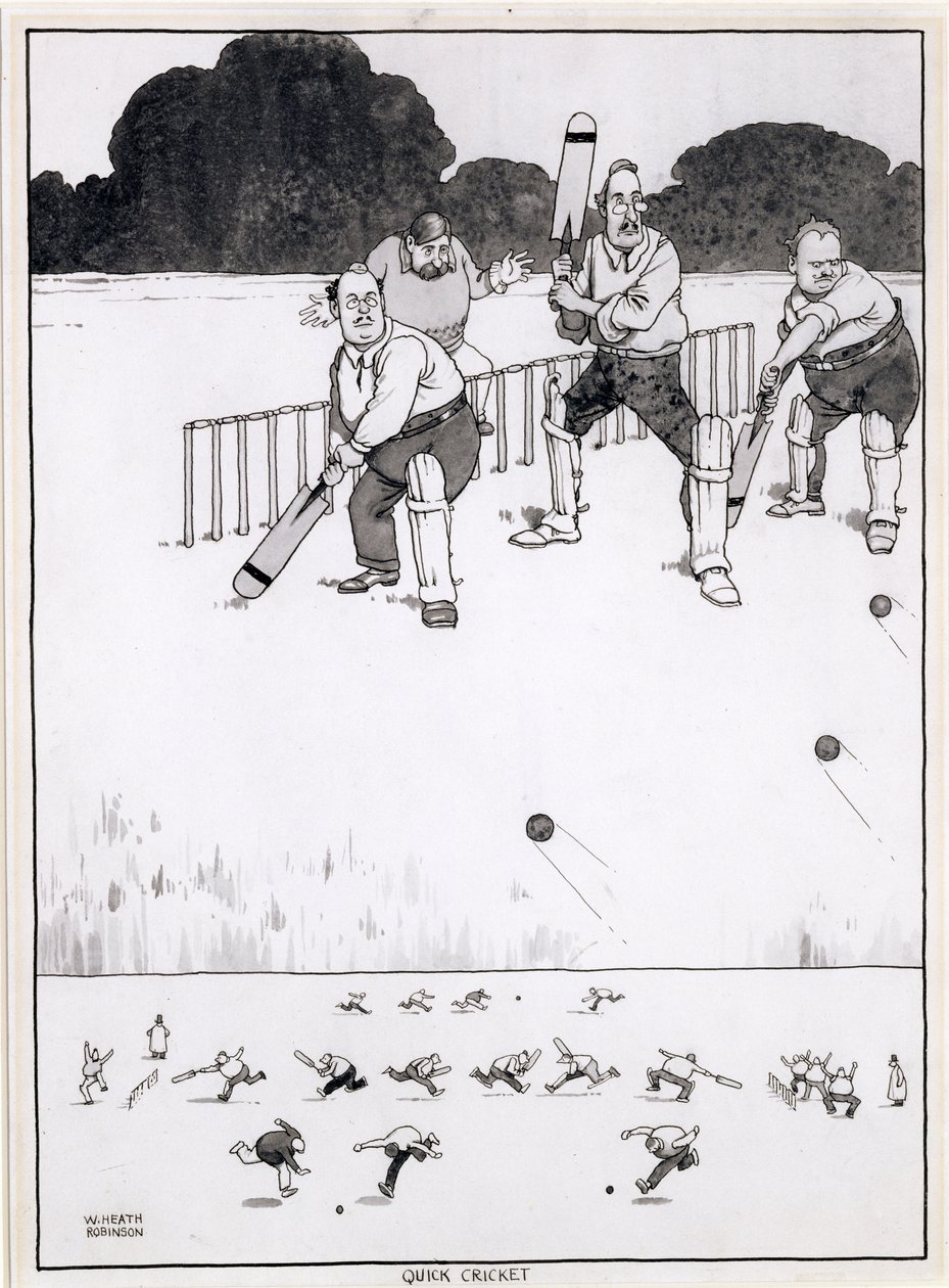 Snelle cricket, een nieuwe methode om beide partijen een kans te geven, een illustratie voor The Bystander, mei 1927 door William Heath Robinson