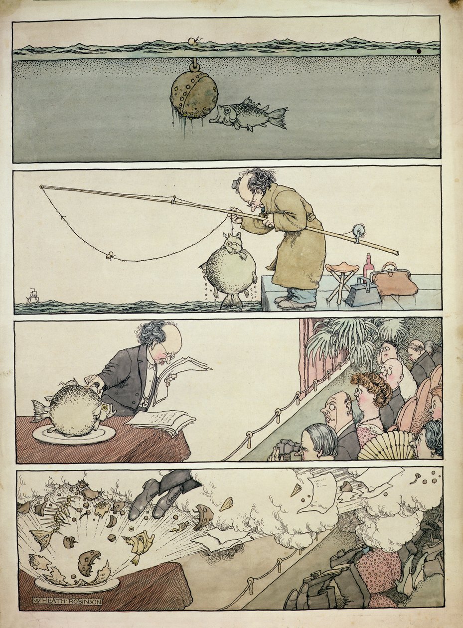 De Vis en de Drijvende Mijnen door William Heath Robinson