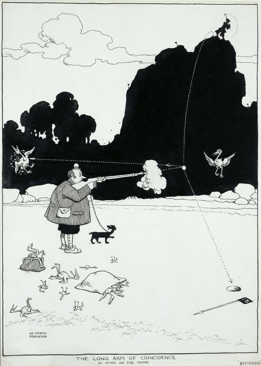 De lange arm van toeval aan het werk op de heide, een illustratie voor The Bystander, augustus 1922 door William Heath Robinson