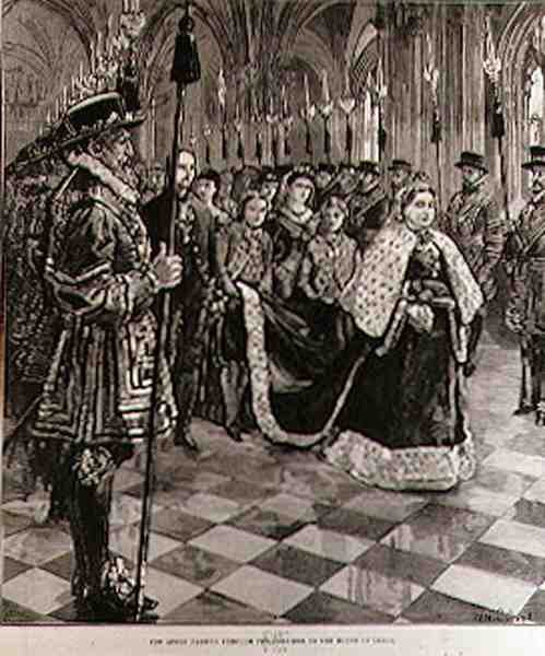 De Koningin Passeert door de Gang naar het Hogerhuis, uit The Illustrated London News, 30 januari 1886 door William Heysham after Overend