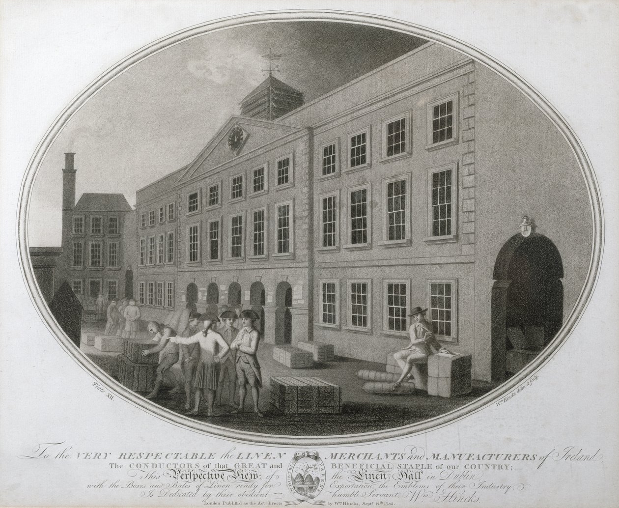 Een Perspectivisch Uitzicht op de Linnenhal in Dublin, plaat XII van De Linnenfabriek van Ierland, 1783 door William Hincks