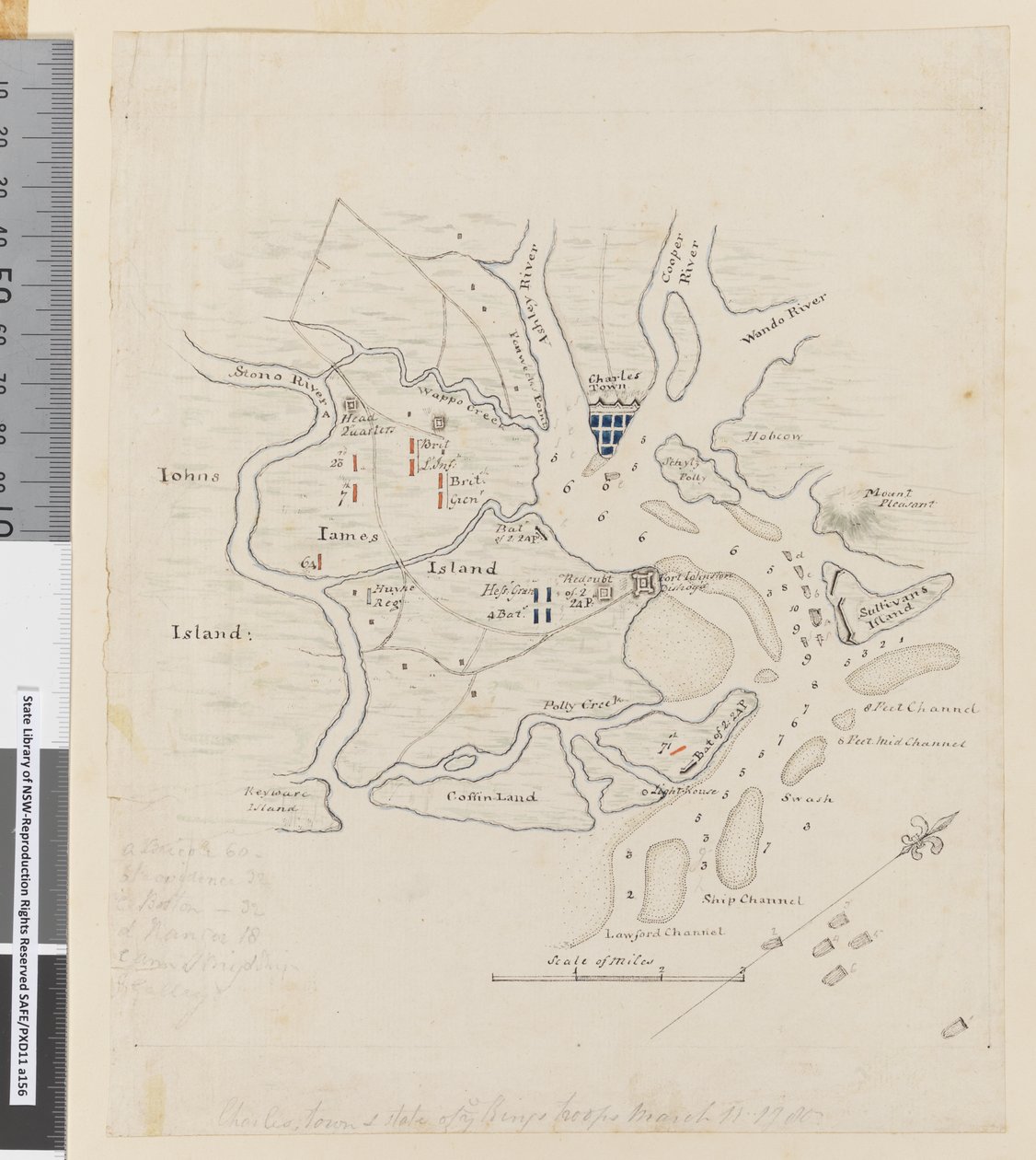 Kaart van Charlestown en staat van de troepen van de koning, 11 maart 1780 door William Hodges