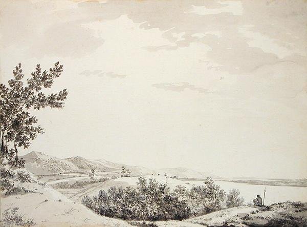 Uitzicht op de Rajmahal Heuvels met een Wachtpost op de Voorgrond door William Hodges