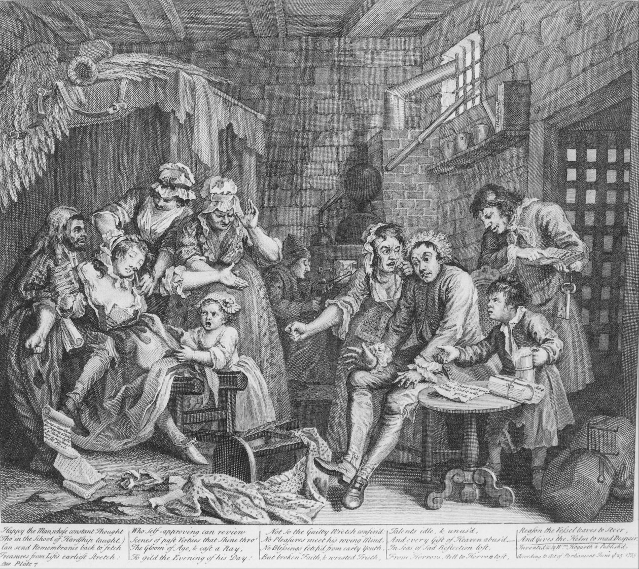 Een losbandig leven, plaat 7, de gevangenisscène door William Hogarth