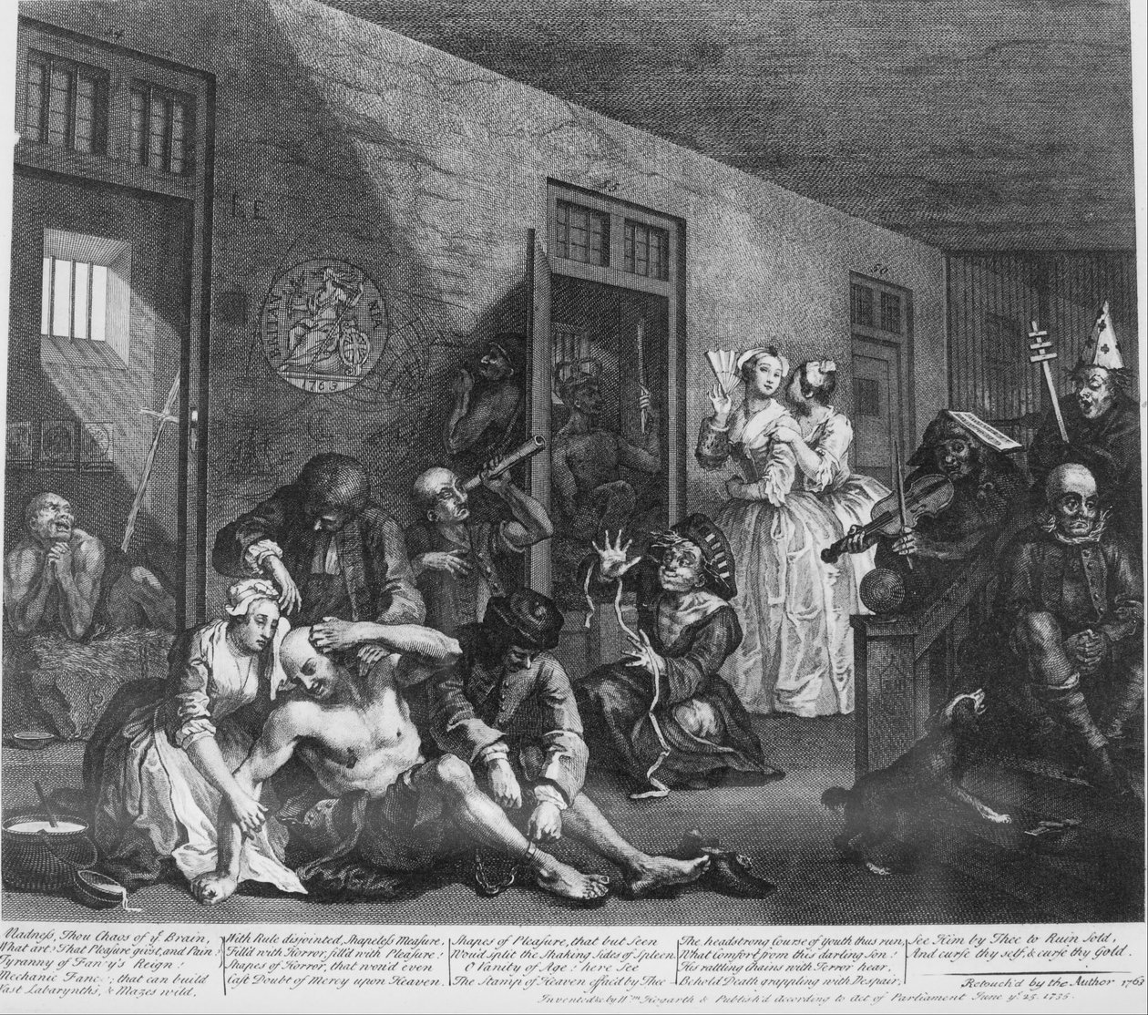 Een Rakes Progress, Plaat 8, In het Gekkenhuis door William Hogarth