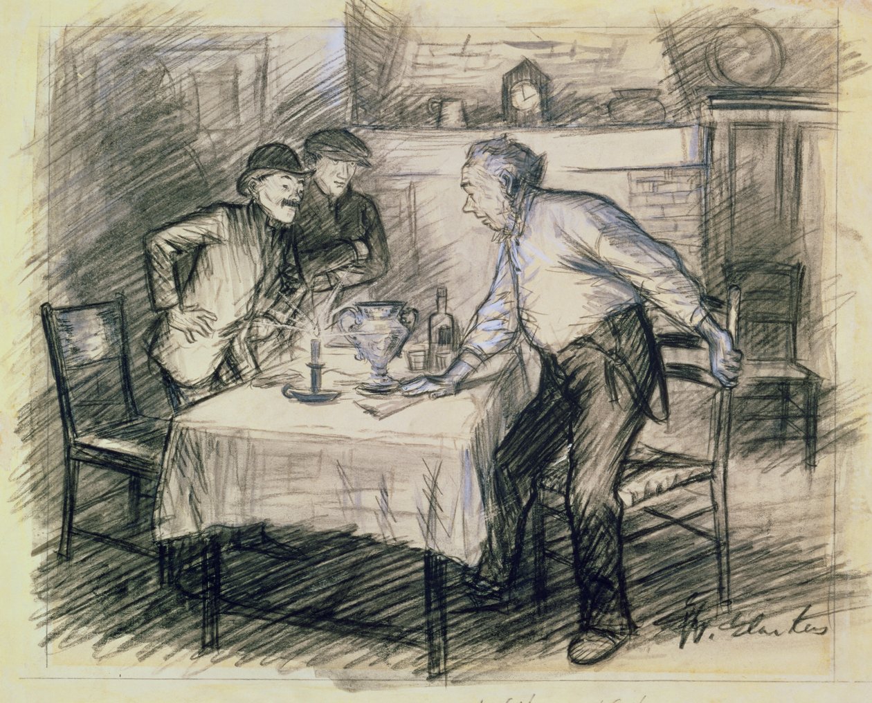 Interieur met drie mannen die opstaan van een tafel door William James Glackens