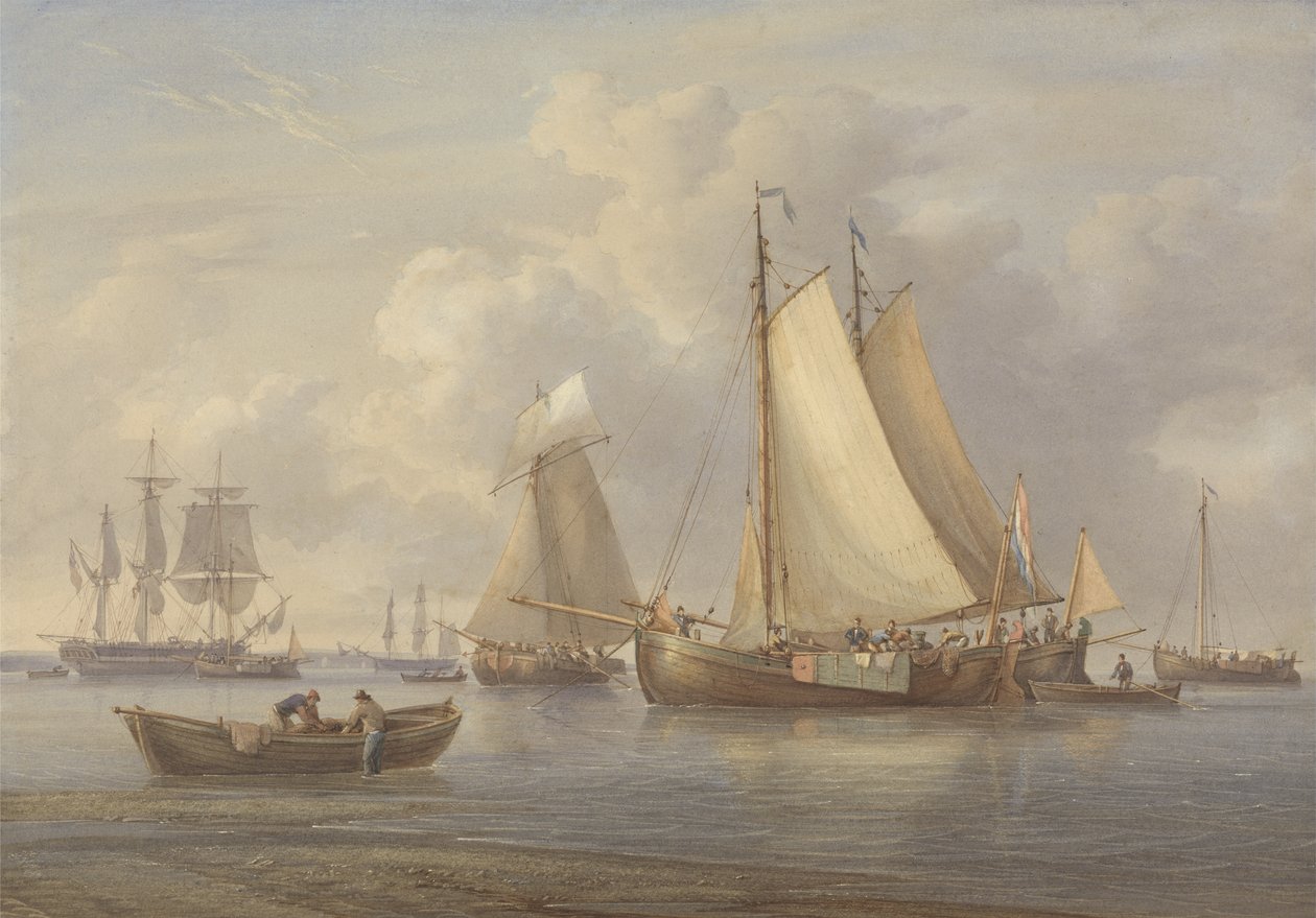 Nederlandse vissersboten voor anker in een estuarium, ca. 1850-60 door William Joy