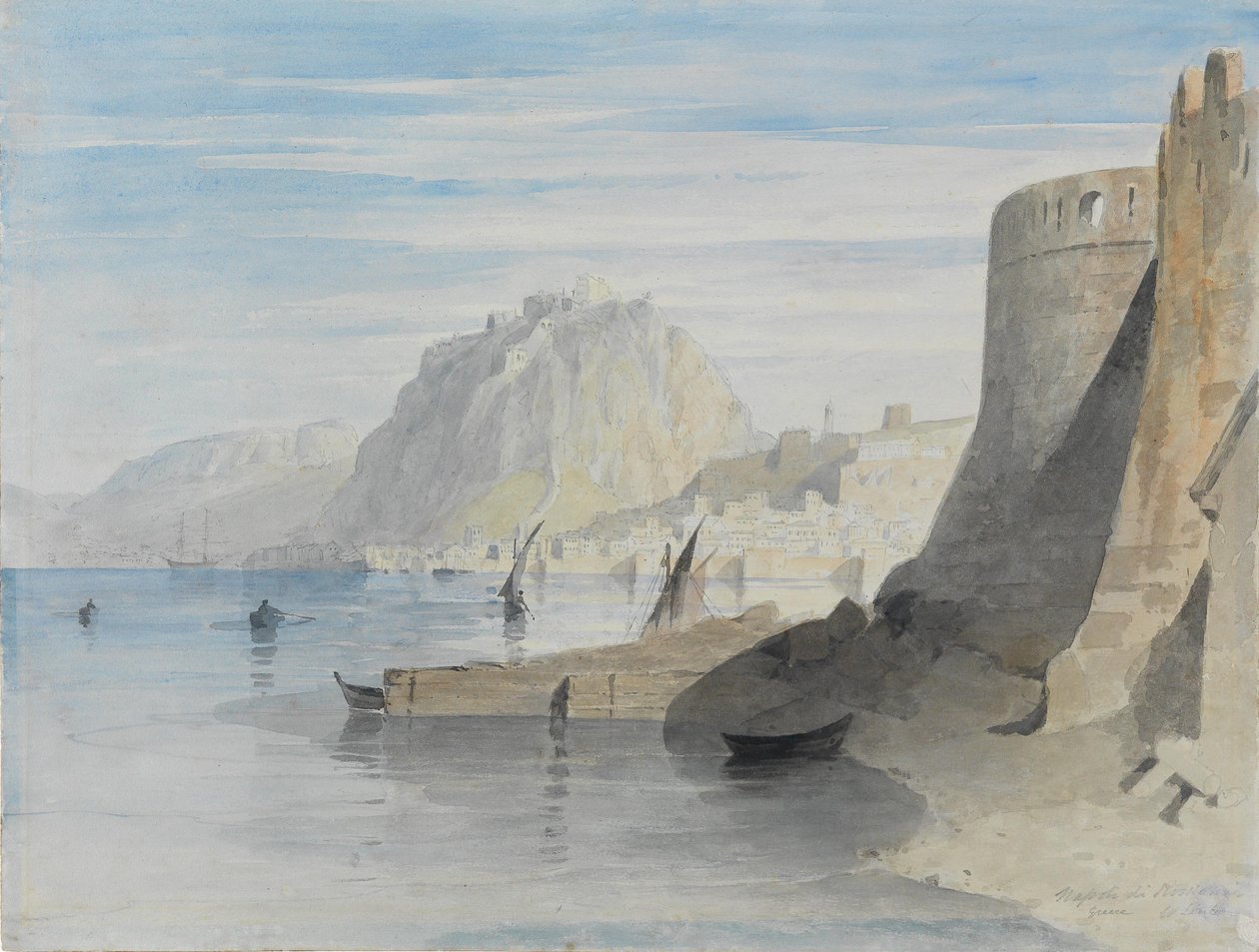 Uitzicht op de haven van Nafplion, getiteld Napoli di Romania, Griekenland door William Linton