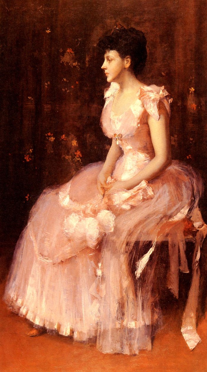 Portret van een Dame in Roze door William Merritt Chase