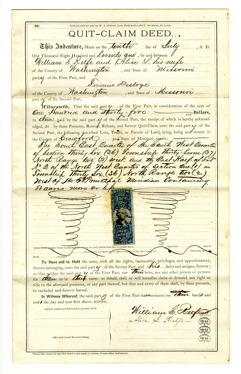Afstandsverklaring ondertekend door William S. Reefe en Alice L. Reefe van Washington County, 10 juli 1871 door William S. Reefe