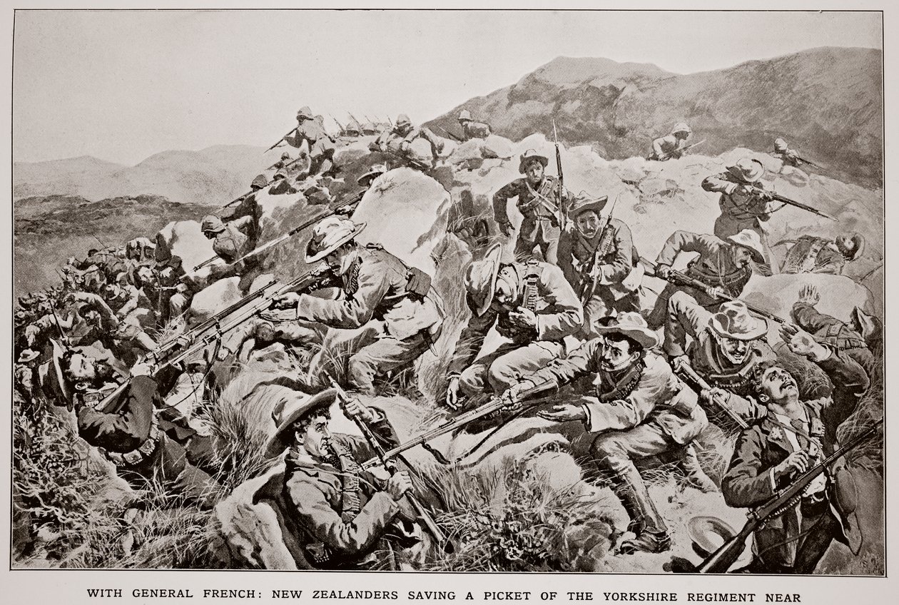 Met Generaal French: Nieuw-Zeelanders redden een wachtpost van het Yorkshire Regiment nabij Slingersfontein op 15 januari, naar een schets van G.D. Giles (fl.1890) door William Small