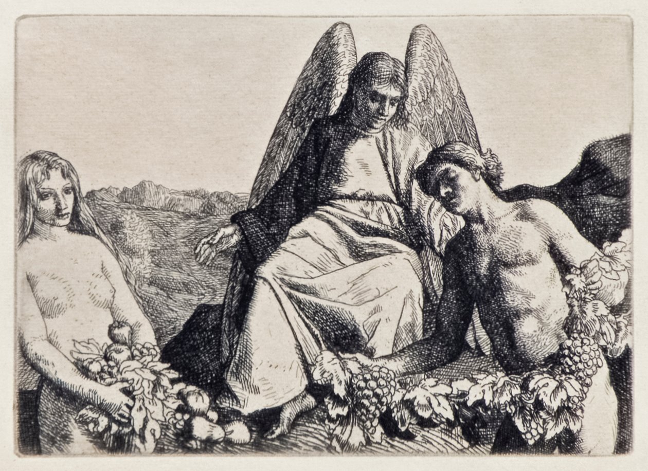 Adam en Eva ontvangen Raphael uit Paradise Lost door John Milton, een serie van 12 illustraties geëtst door William Strang door William Strang