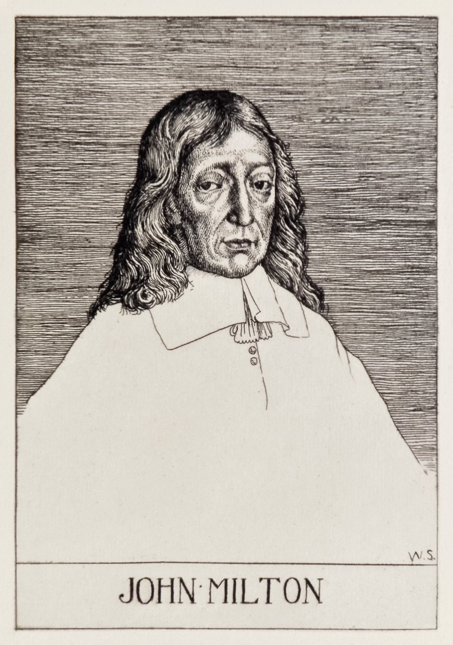 Frontispice portret van John Milton uit Paradise Lost, een serie van 12 illustraties geëtst door William Strang door William Strang
