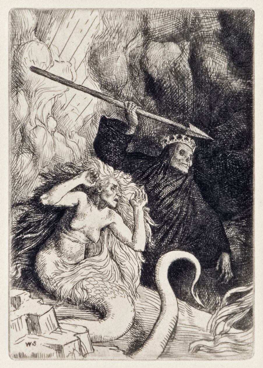 Zonde en Dood bij de poorten van de hel uit Paradise Lost door John Milton, een serie van 12 illustraties geëtst door William Strang door William Strang