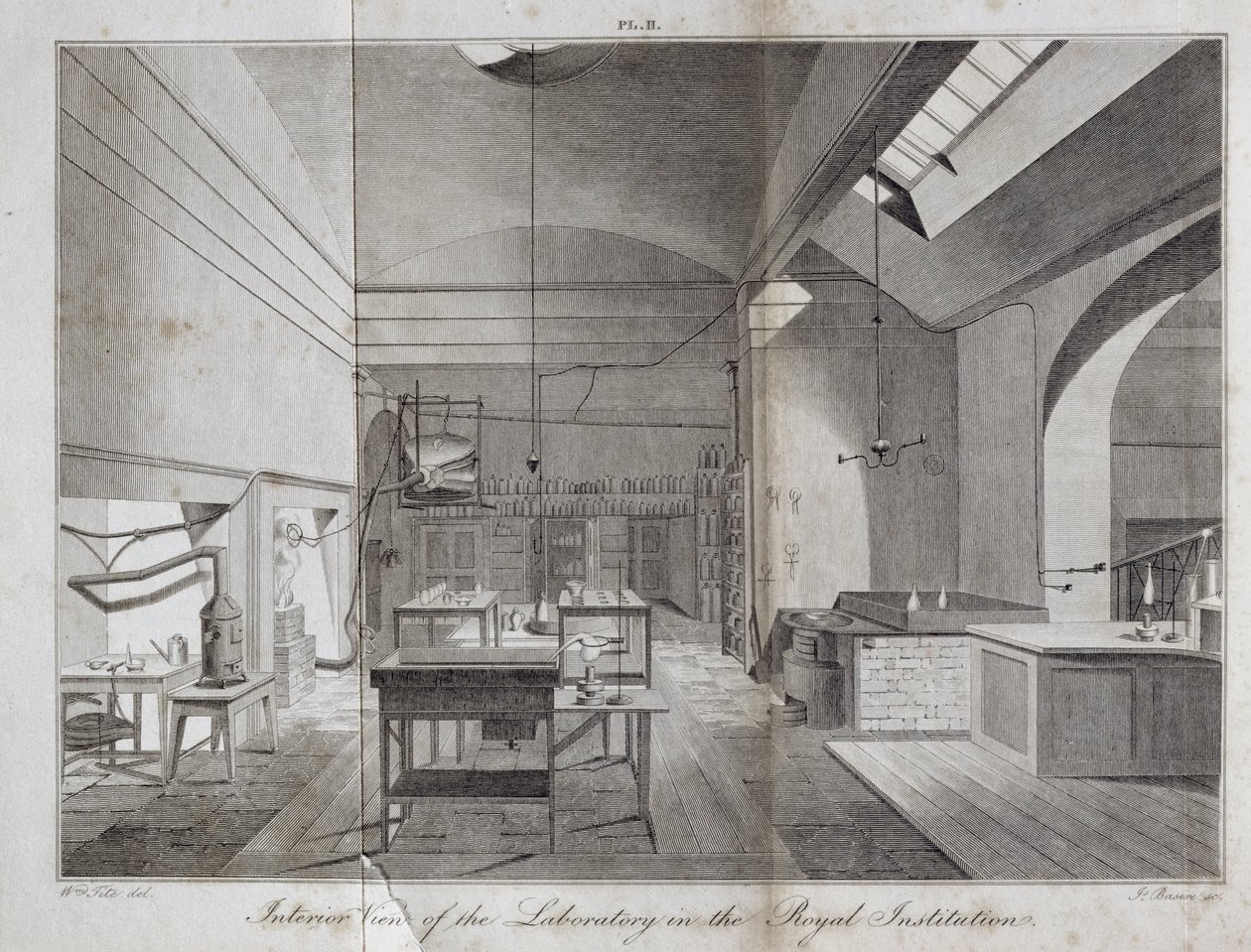 Interieurzicht van het Laboratorium in The Royal Institution, gegraveerd door James Basire (1796-1869) uit William Thomas Brandes A Manual of Chemistry, gepubliceerd 1819 door William Tite