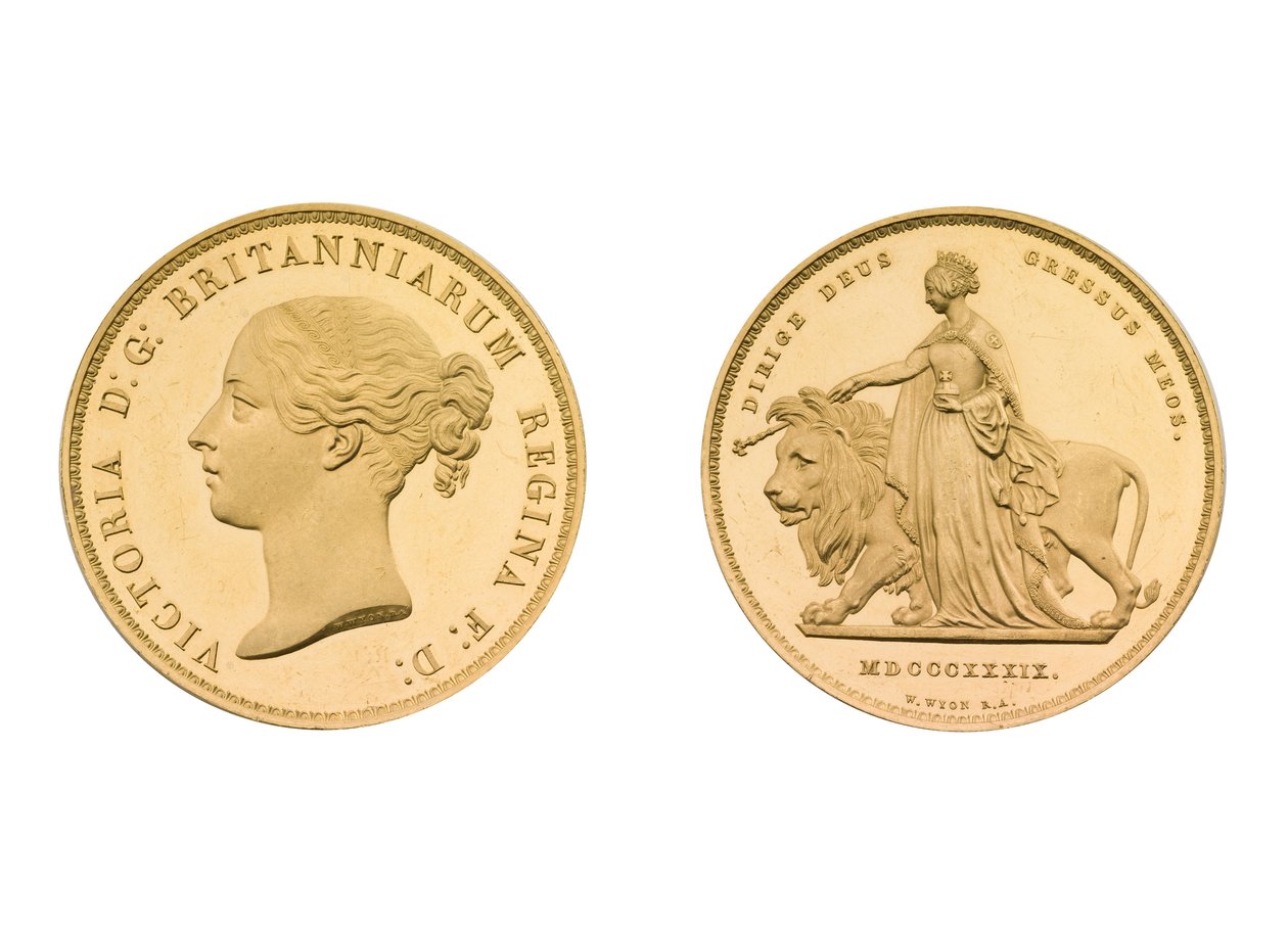 Una en het leeuwenpatroon £5 stuk, 1839 door William Wyon