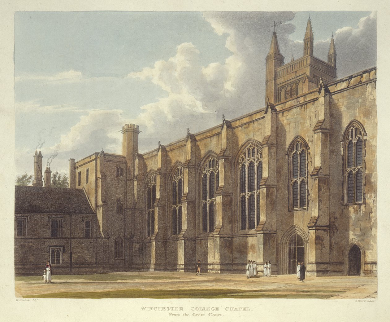 Winchester College Chapel vanuit de Grote Hof, uit Geschiedenis van Winchester College, deel van Geschiedenis van de Colleges, gegraveerd door J. Bluck, uitgegeven door R. Ackermann, 1816 door William after Westall