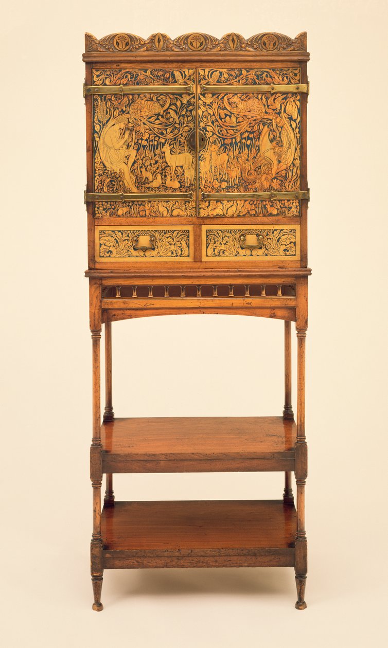 Muziekkast en standaard met was ingelegd tafereel van Orpheus die de dieren betovert, ontworpen door William Arthur Smith Benson (1854-1924) en George Heywood Maunoir Sumner (1853-1940), c.1889 door William and Sumner Benson