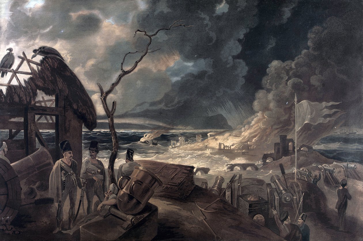 De gevolgen van oorlog, scène met soldaten en kanonnen. Kleurenprint gebaseerd op het schilderij van William Hodges (1744-1797) door William (after) Hodges
