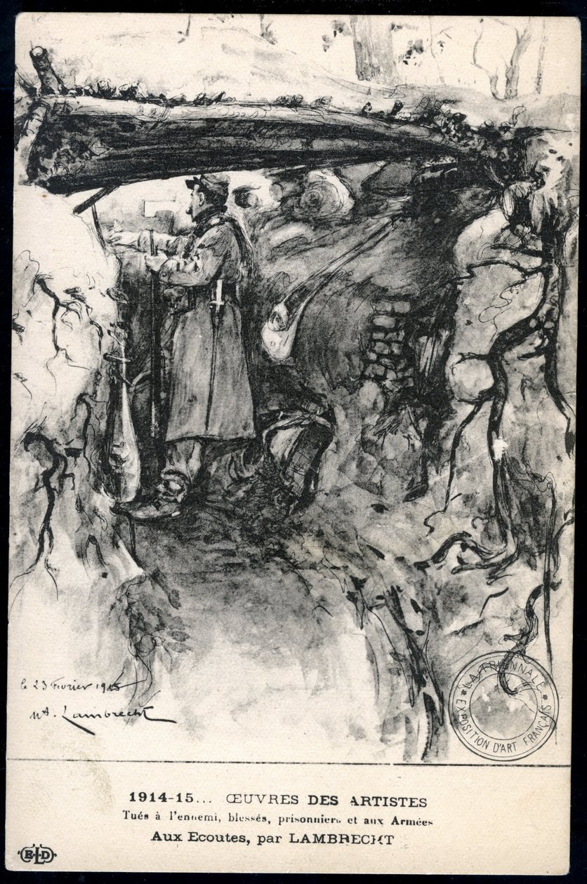Eerste Wereldoorlog - Oorlog 14-18 (1914-1918) - Wereldoorlog I (WWI of WW1): Frankrijk, Patriottische kaart met een tekening van een soldaat in een loopgraaf die de frontlinie observeert, getiteld: 