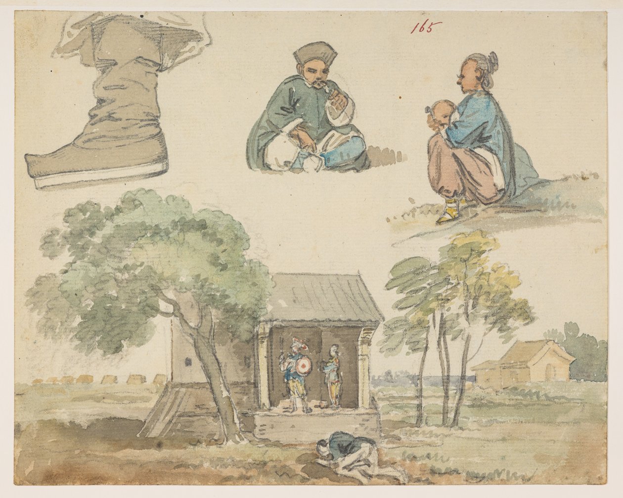 165 Figurenstudies en heiligdom, uit een Album van 372 tekeningen van landschappen, kustlijnen, kostuums en het dagelijks leven gemaakt tijdens Lord Macartney