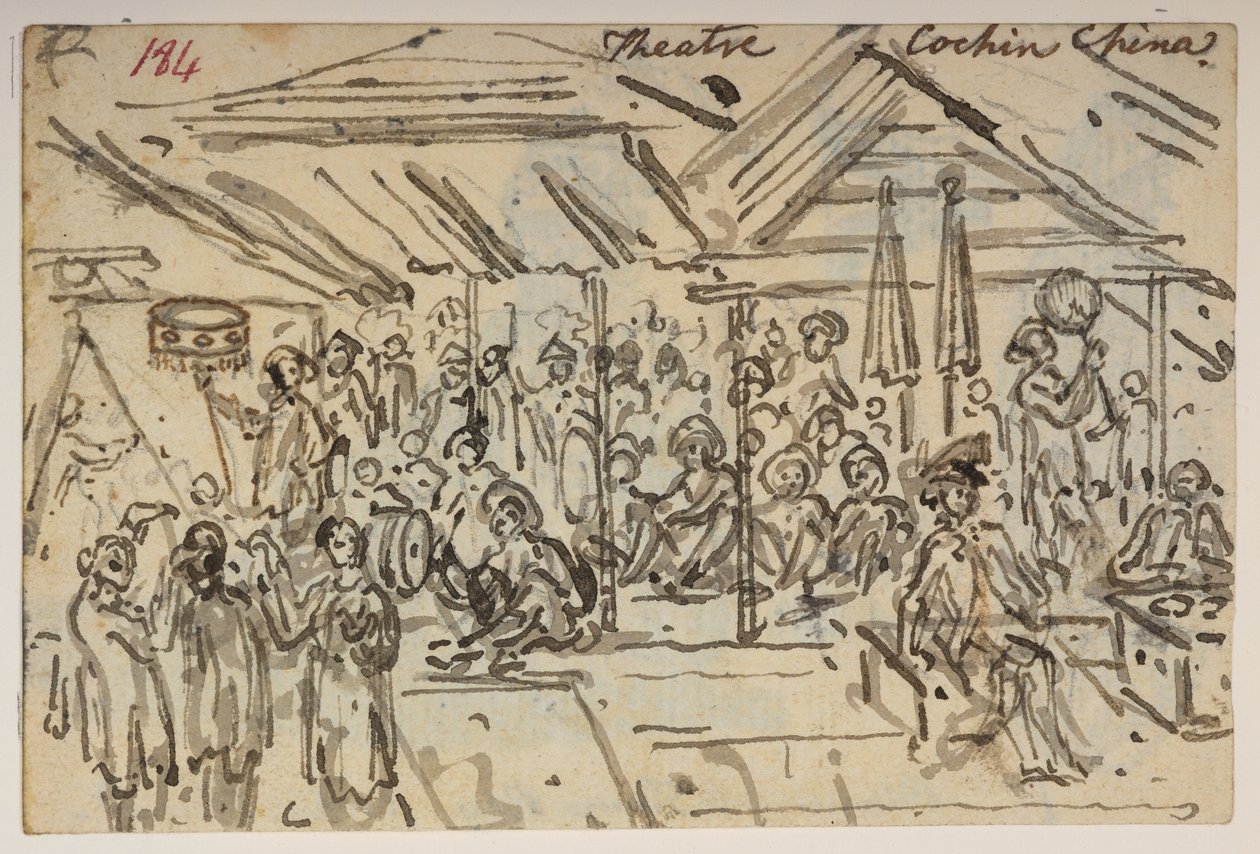 Theater. Cochin China, uit een Album van 372 tekeningen van landschappen, kustlijnen, kostuums en het dagelijks leven gemaakt tijdens Lord Macartney