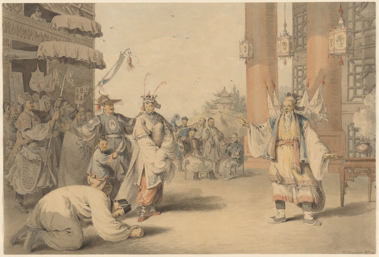 Een scène uit een historisch toneelstuk opgevoerd op het Chinese toneel door William Alexander